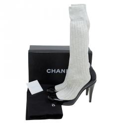 Chanel Black Patent Leather and White Sock Knee Boots Size 37