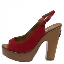 Chanel Red Suede Wooden Block Heel Slingback Sandals Size 39