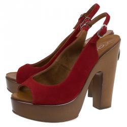 Chanel Red Suede Wooden Block Heel Slingback Sandals Size 39