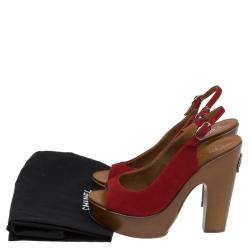 Chanel Red Suede Wooden Block Heel Slingback Sandals Size 39