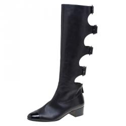 Pre Owned Chanel Black Leather Cut Out Cap Toe Knee Boots Size 39.5