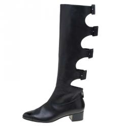 Pre Owned Chanel Black Leather Cut Out Cap Toe Knee Boots Size 39.5