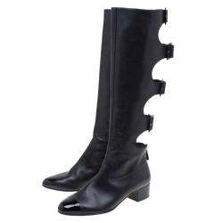Pre Owned Chanel Black Leather Cut Out Cap Toe Knee Boots Size 39.5