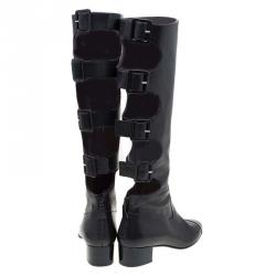 Pre Owned Chanel Black Leather Cut Out Cap Toe Knee Boots Size 39.5