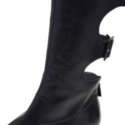 Pre Owned Chanel Black Leather Cut Out Cap Toe Knee Boots Size 39.5