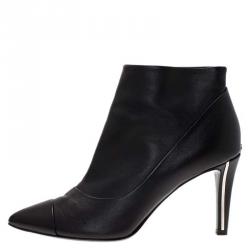Chanel Black Leather Cap Toe Ankle Boots Size 38