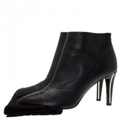 Chanel Black Leather Cap Toe Ankle Boots Size 38