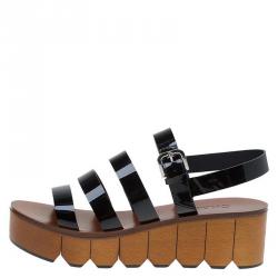 Chanel Black Patent Leather Wooden Platform Sandals Size 36.5