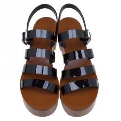 Chanel Black Patent Leather Wooden Platform Sandals Size 36.5