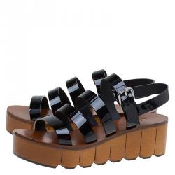 Chanel Black Patent Leather Wooden Platform Sandals Size 36.5