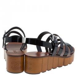 Chanel Black Patent Leather Wooden Platform Sandals Size 36.5