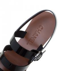 Chanel Black Patent Leather Wooden Platform Sandals Size 36.5