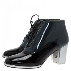 Chanel Bi Color Leather Cap Toe Lace Up Booties Size 38