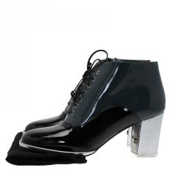 Chanel Bi Color Leather Cap Toe Lace Up Booties Size 38