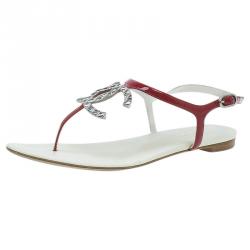 Pre Owned Chanel Red Leather CC Logo Thong Sandals Size 39