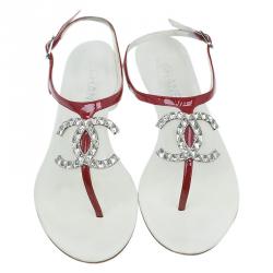 Pre Owned Chanel Red Leather CC Logo Thong Sandals Size 39