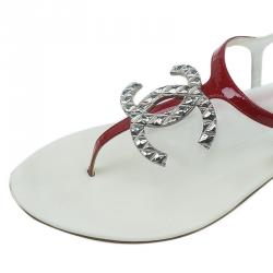 Pre Owned Chanel Red Leather CC Logo Thong Sandals Size 39