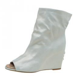 Chanel Metallic Leather Peep Toe Wedge Ankle  Boots Size 38
