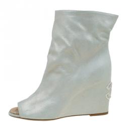 Chanel Metallic Leather Peep Toe Wedge Ankle  Boots Size 38