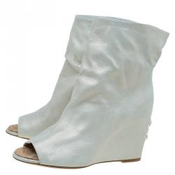 Chanel Metallic Leather Peep Toe Wedge Ankle  Boots Size 38
