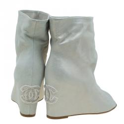 Chanel Metallic Leather Peep Toe Wedge Ankle  Boots Size 38