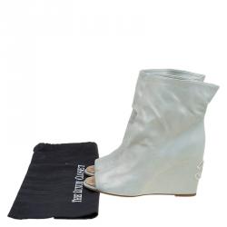 Chanel Metallic Leather Peep Toe Wedge Ankle  Boots Size 38