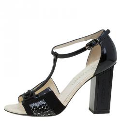Chanel Black Patent And Suede Block Heel  T- Strap Sandals Size 37