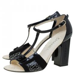 Chanel Black Patent And Suede Block Heel  T- Strap Sandals Size 37