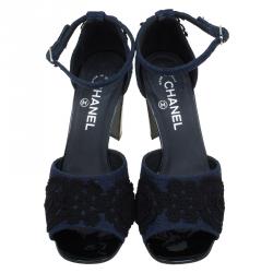 Chanel Navy Blue Tweed Fabric Crochet Embellished Ankle Strap Sandals Size 40.5