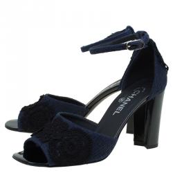 Chanel Navy Blue Tweed Fabric Crochet Embellished Ankle Strap Sandals Size 40.5