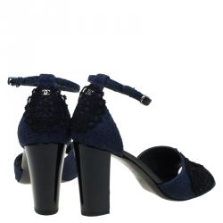 Chanel Navy Blue Tweed Fabric Crochet Embellished Ankle Strap Sandals Size 40.5