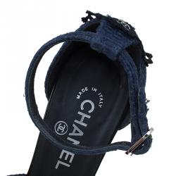 Chanel Navy Blue Tweed Fabric Crochet Embellished Ankle Strap Sandals Size 40.5