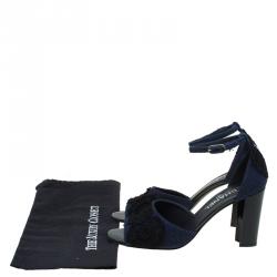 Chanel Navy Blue Tweed Fabric Crochet Embellished Ankle Strap Sandals Size 40.5