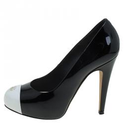 Pre Owned Chanel Black & White Patent CC Cap Toe Pumps Size 37