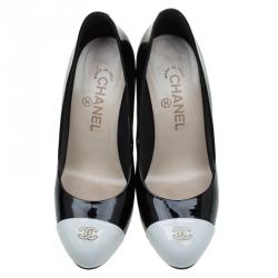 Pre Owned Chanel Black & White Patent CC Cap Toe Pumps Size 37