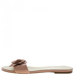 Chanel Pink Camellia Embellished Leather Flat Slides Size 38.5