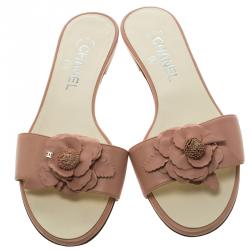 Chanel Pink Camellia Embellished Leather Flat Slides Size 38.5