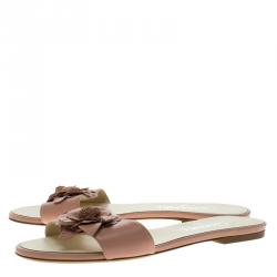 Chanel Pink Camellia Embellished Leather Flat Slides Size 38.5