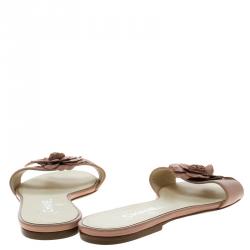 Chanel Pink Camellia Embellished Leather Flat Slides Size 38.5