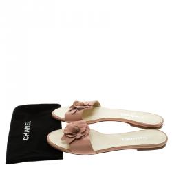 Chanel Pink Camellia Embellished Leather Flat Slides Size 38.5