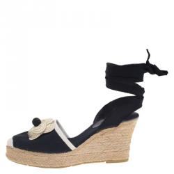 Pre Owned صندل إسبادريل بحزام للكاحل شانيل كاميليا كانفاس أسود كعب روكي مقاس 37