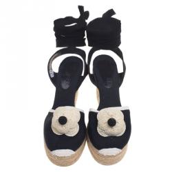 Pre Owned صندل إسبادريل بحزام للكاحل شانيل كاميليا كانفاس أسود كعب روكي مقاس 37