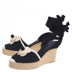 Pre Owned صندل إسبادريل بحزام للكاحل شانيل كاميليا كانفاس أسود كعب روكي مقاس 37