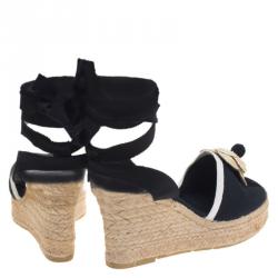 Pre Owned صندل إسبادريل بحزام للكاحل شانيل كاميليا كانفاس أسود كعب روكي مقاس 37