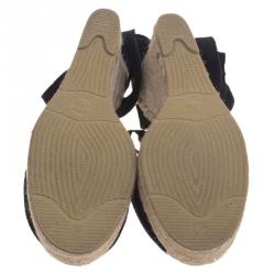 Pre Owned صندل إسبادريل بحزام للكاحل شانيل كاميليا كانفاس أسود كعب روكي مقاس 37