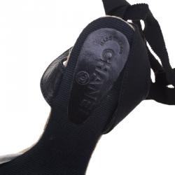 Pre Owned صندل إسبادريل بحزام للكاحل شانيل كاميليا كانفاس أسود كعب روكي مقاس 37