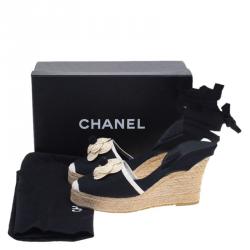 Pre Owned صندل إسبادريل بحزام للكاحل شانيل كاميليا كانفاس أسود كعب روكي مقاس 37