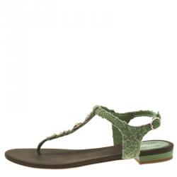 Pre Owned Chanel Green Embellished Tweed Fabric T-Strap Thong Sandals Size 38