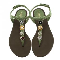 Pre Owned Chanel Green Embellished Tweed Fabric T-Strap Thong Sandals Size 38