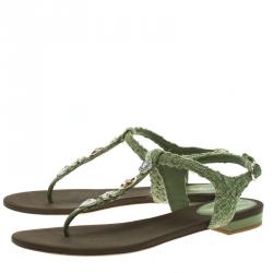 Pre Owned Chanel Green Embellished Tweed Fabric T-Strap Thong Sandals Size 38